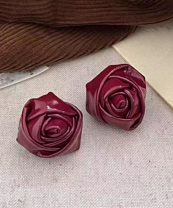 Handmade Red Pu Rose Stud Earrings