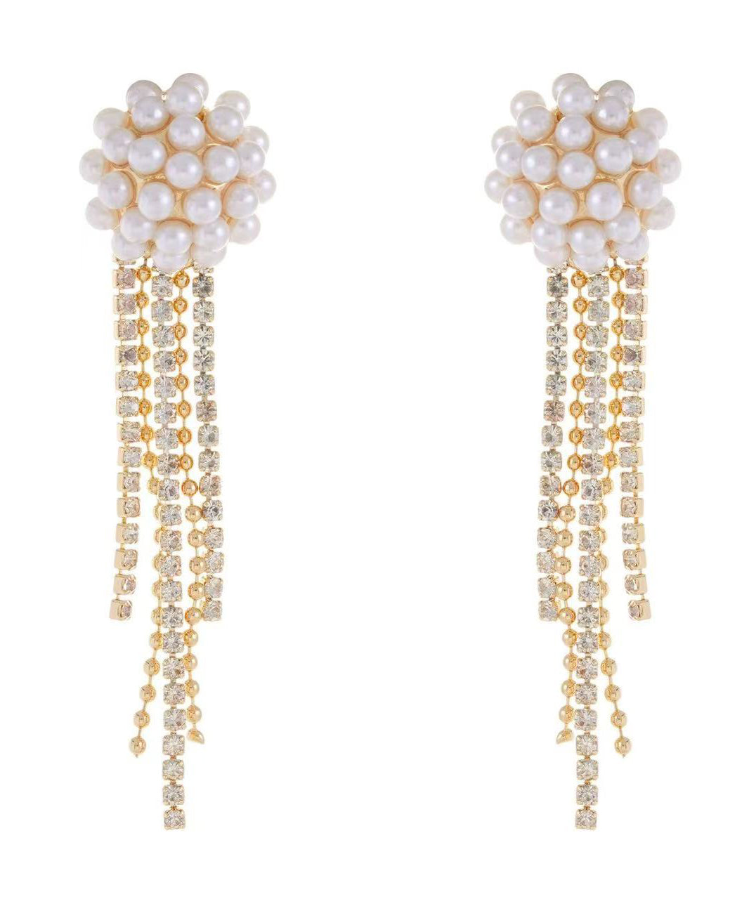 Gold Copper Alloy Zircon Pearl Tassel Drop Earrings
