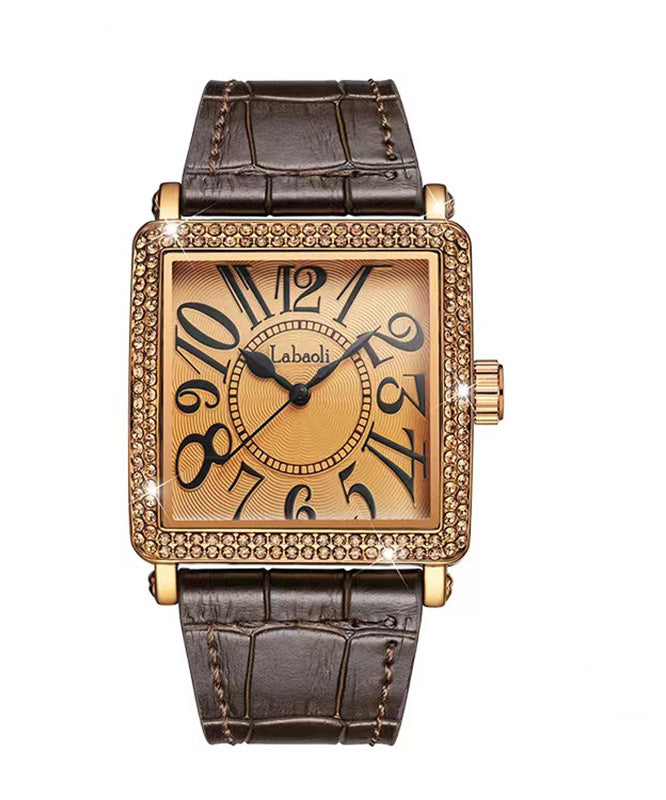 Coffee Leather Zircon Quartz Movement Tempered Glass Watch