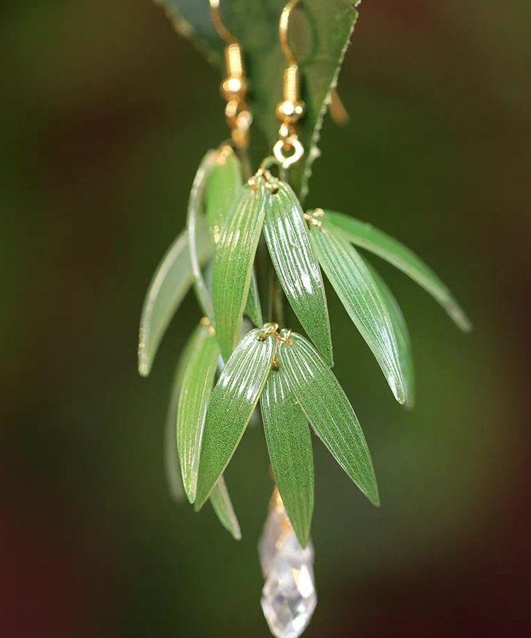 Green Sterling Silver Overgild Pearl Bamboo Leaf Drop Earrings