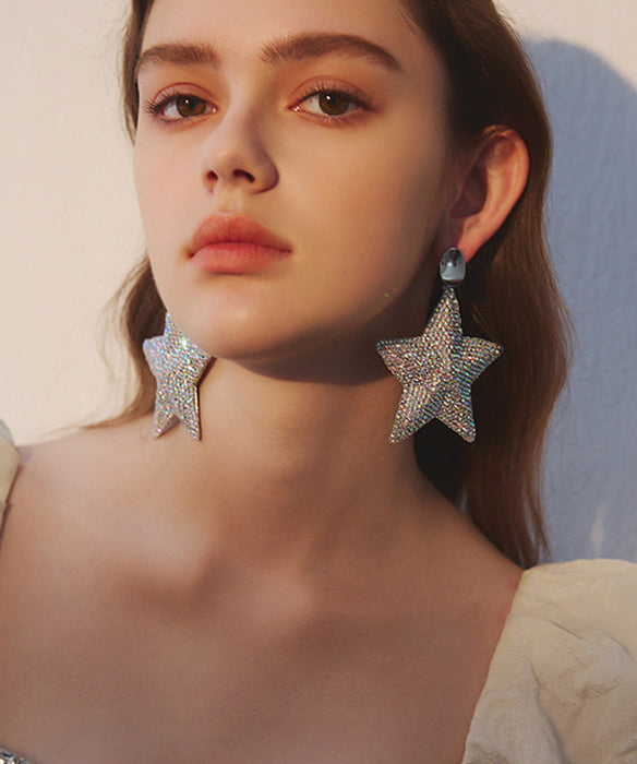 Five Pointed Star Zircon Exaggeration Silver Plated Drop Earrings