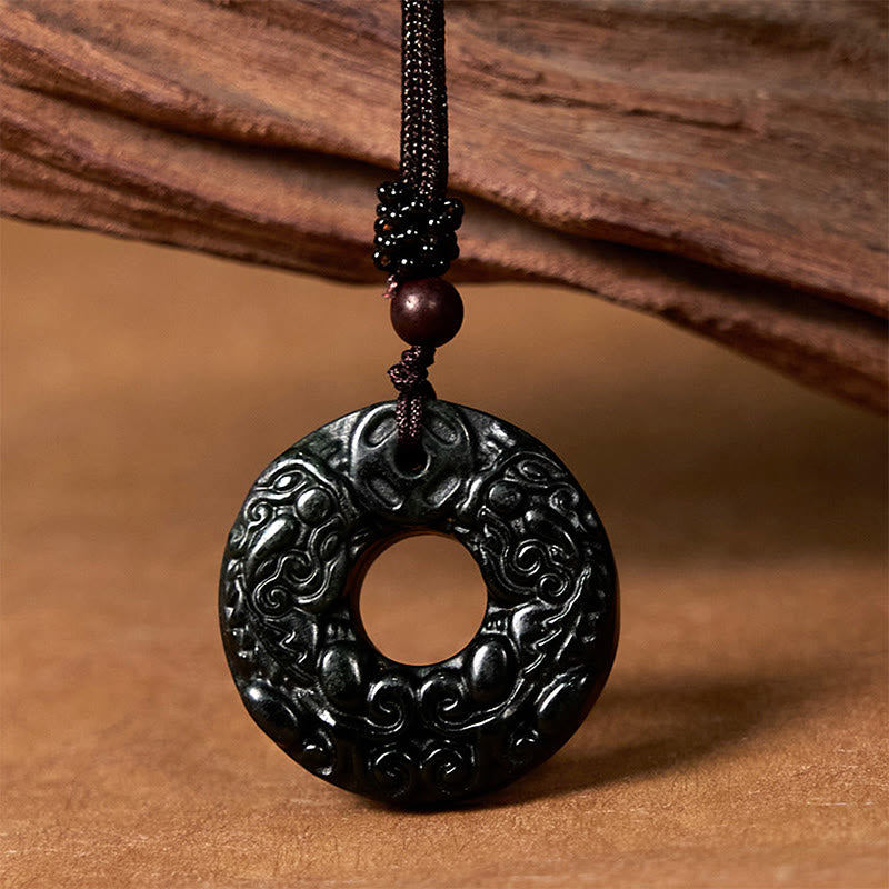 Buddha Stones Tibetan Nanyang Black-green Jade Pixiu Peace Buckle Protection Necklace Pendant