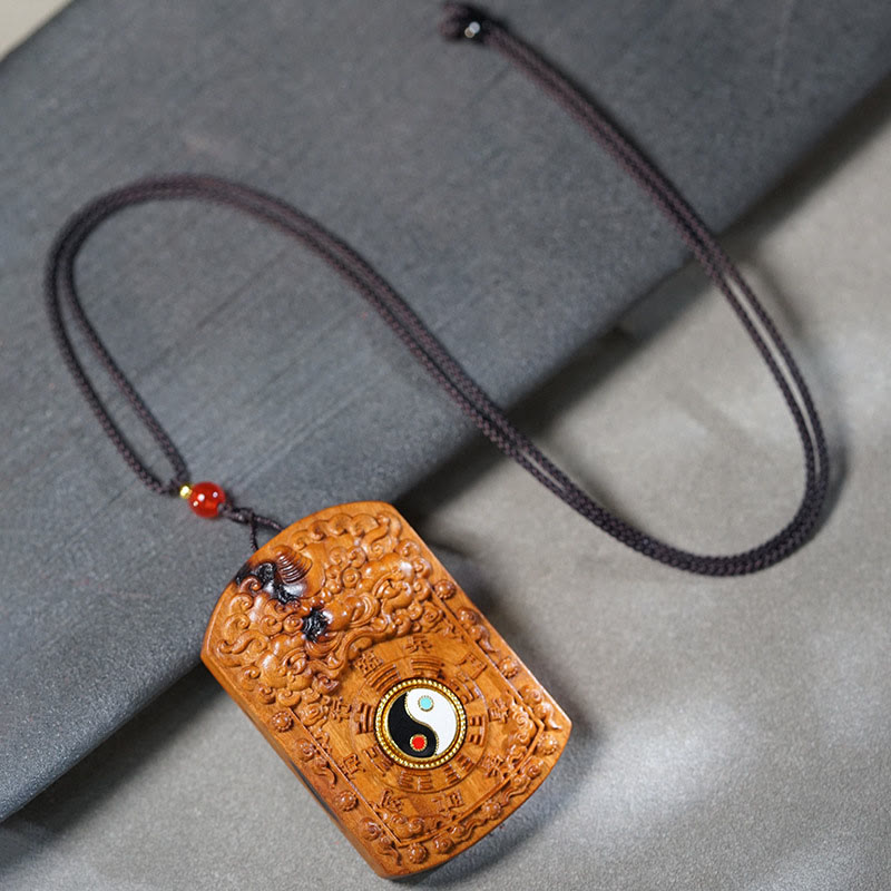 Buddha Stones Lightning Struck Jujube Wood Dragon Yin Yang Bagua Protection Necklace Pendant