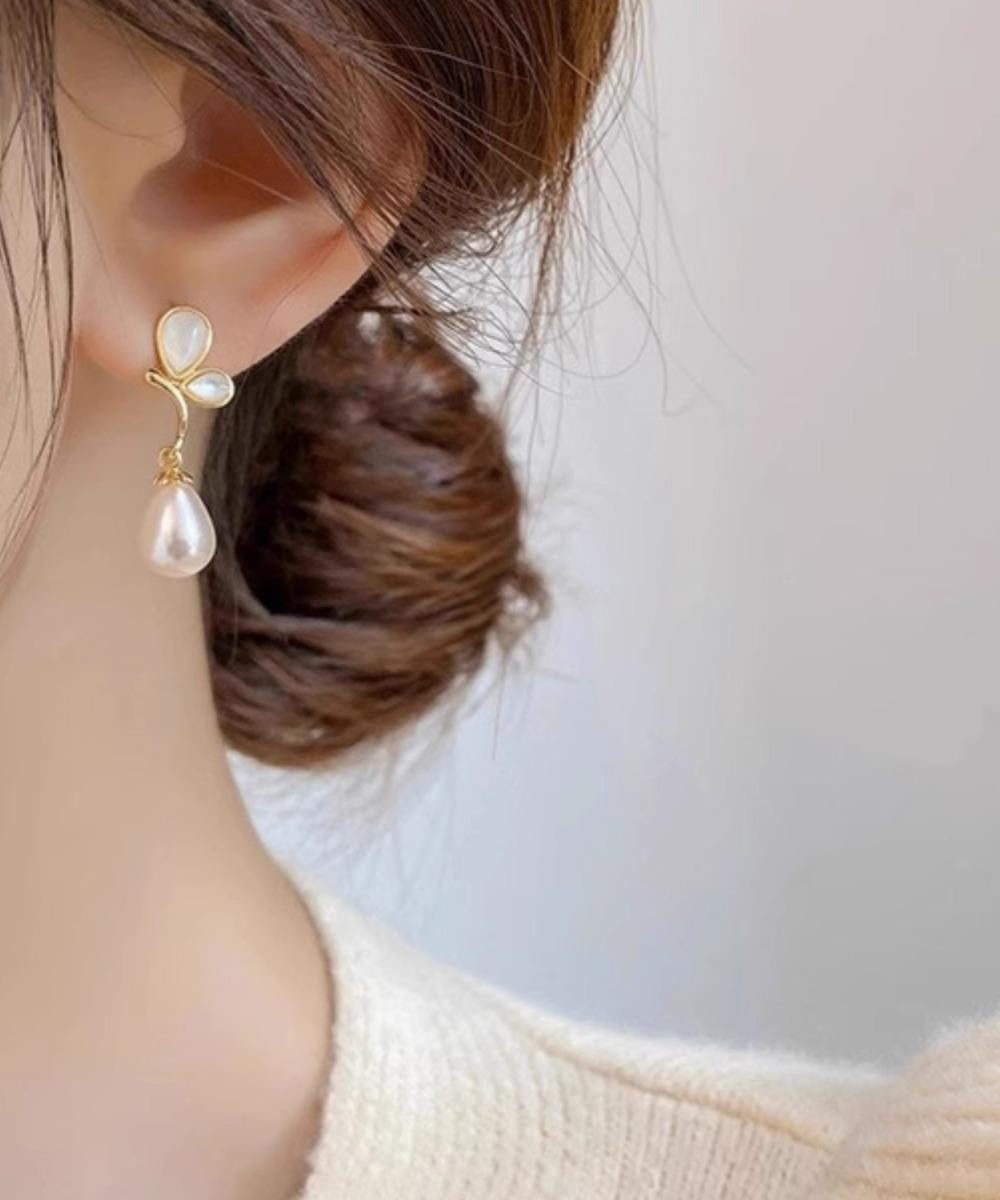 Champagne Color Sterling Silver Alloy Butterfly Pearl Drop Earrings