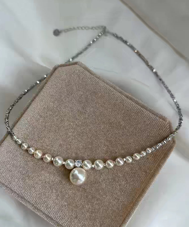 New Grey Sterling Silver Zircon Pearl Beading Pendant Necklace