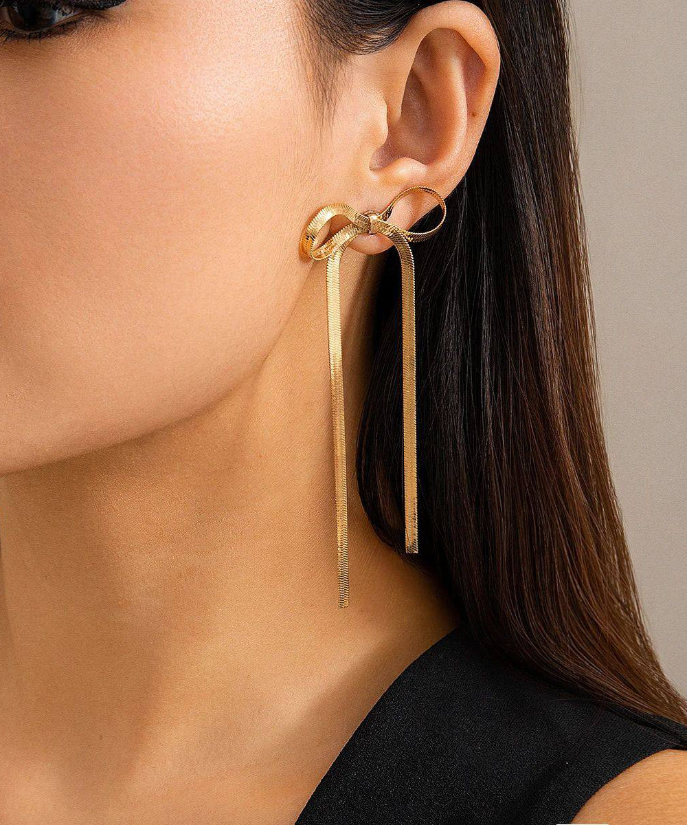 Gold Weave Bow Tassel Long Drop Earrings for