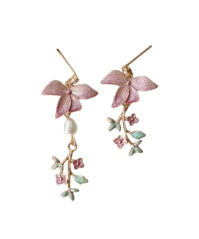 Modern Pink Copper Overgild Pearl Drop Earrings