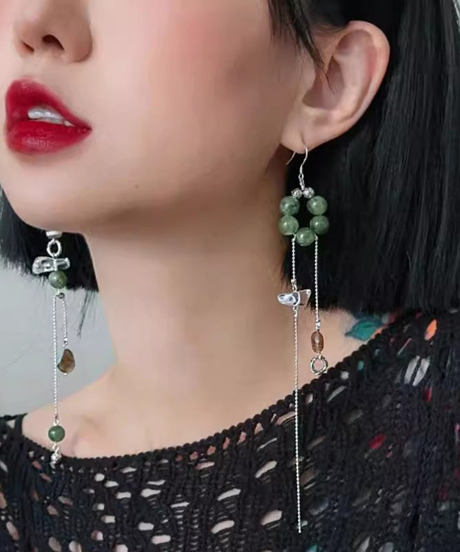 Silk Stergild Silver Crystal Agate Chalcedony Asymmetrical Tassel Drop Earrings