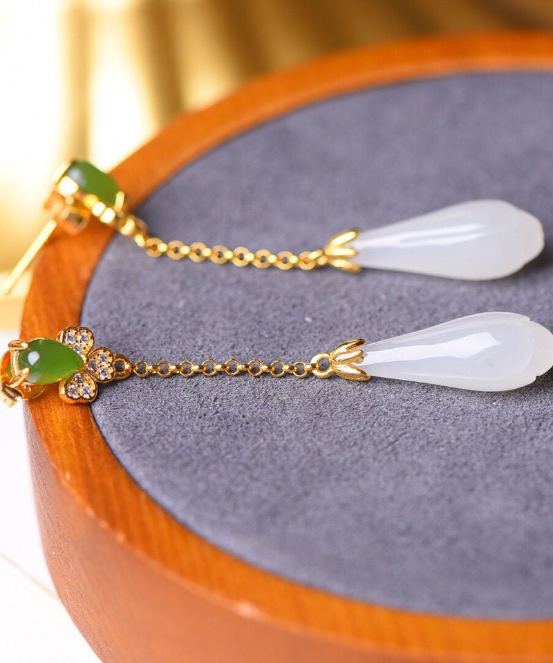 Diy Green Sterling Silver Inlaid Jade Zircon Tassel Drop Earrings