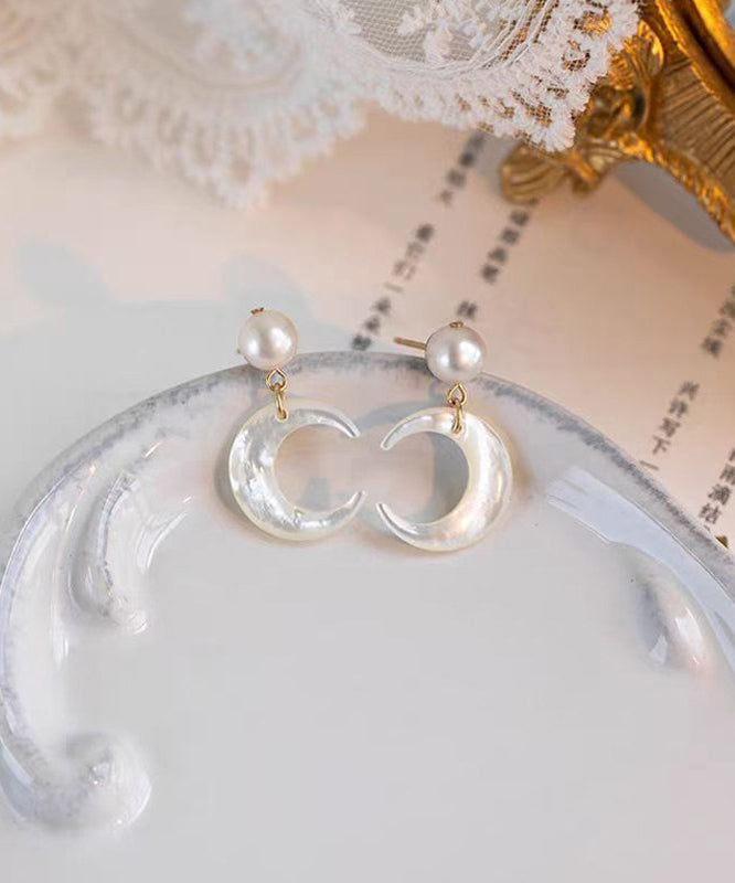 White Moon Shape Pearl Drop Earrings