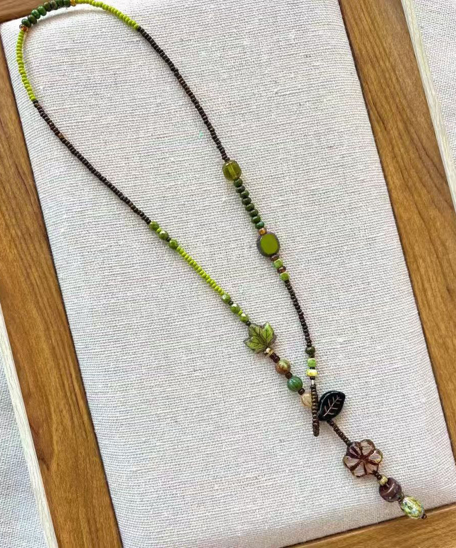 Green Hand Woven Beading Lariat Necklace