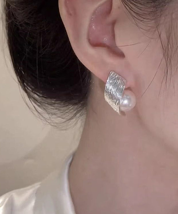 Stylish Silk Spiral Wire Drawing Pearl Silver Plated Stud Earrings