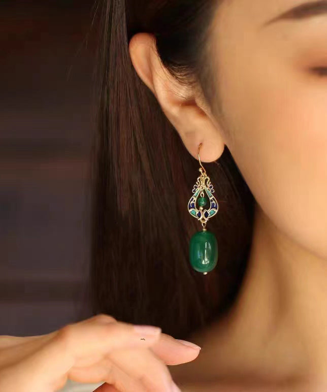 Design Green Jade Silver Drop Earrings