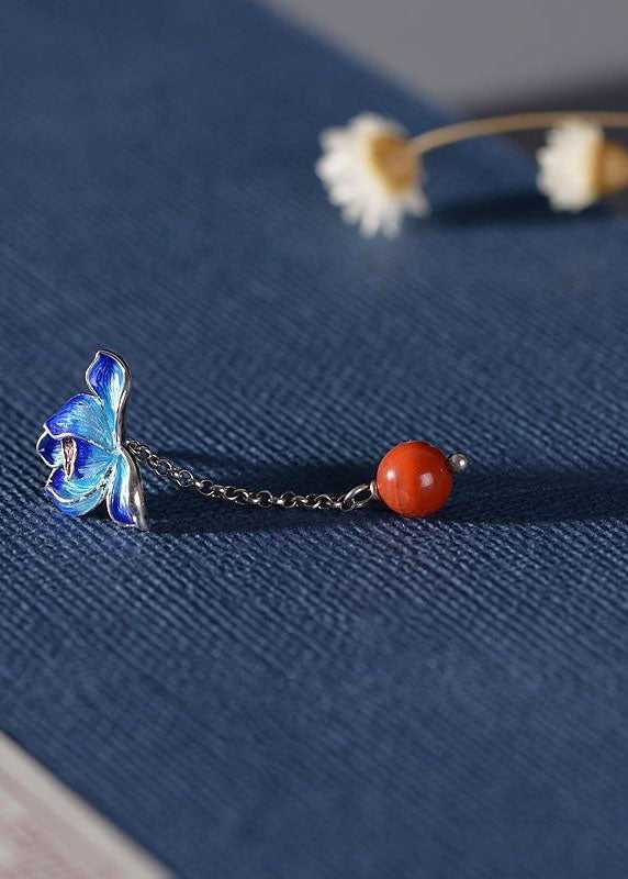 Cloisonne Lotus Tassel Agate Asymmetrical Design Drop Earrings