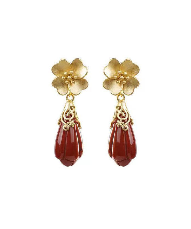 Diy Red Ancient Silver Inlaid Agate Drop Earrings