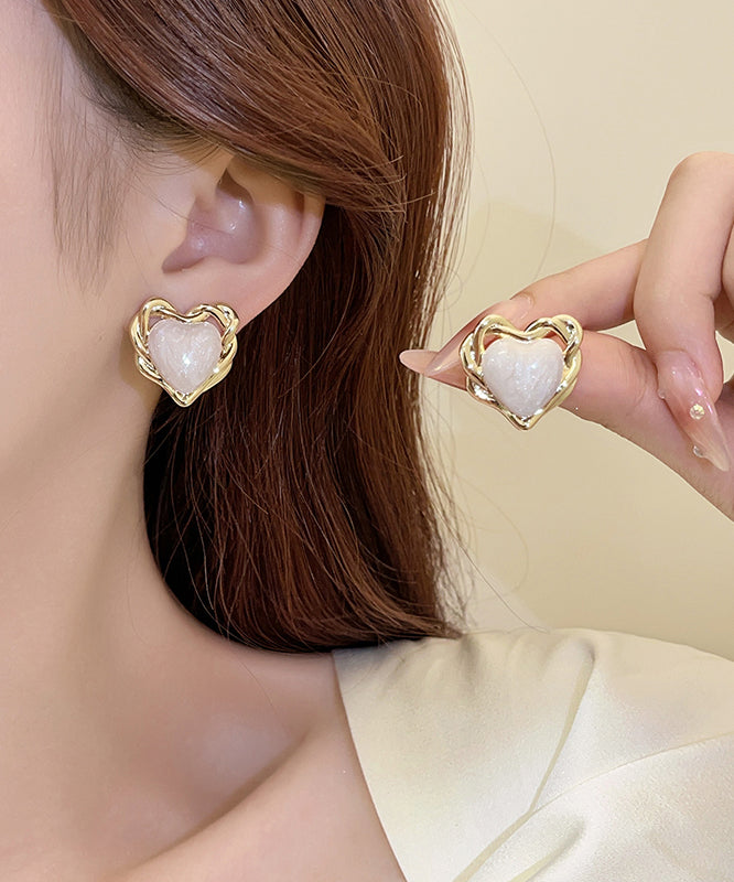 White Copper Overgild Drip Glaze Love Stud Earrings