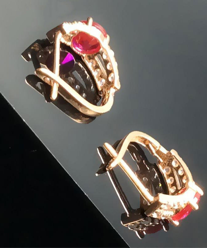 Rose Alloy Inlaid Gem Stone Zircon Hoop Earrings
