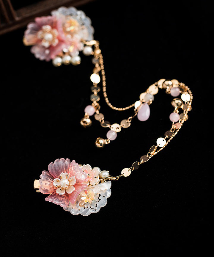 Pink Copper Alloy Pearl Resin Chain Peony Hairpin