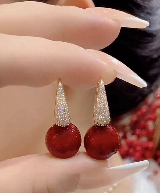 Diy Red Copper Overgild Zircon Pearl Drop Earrings