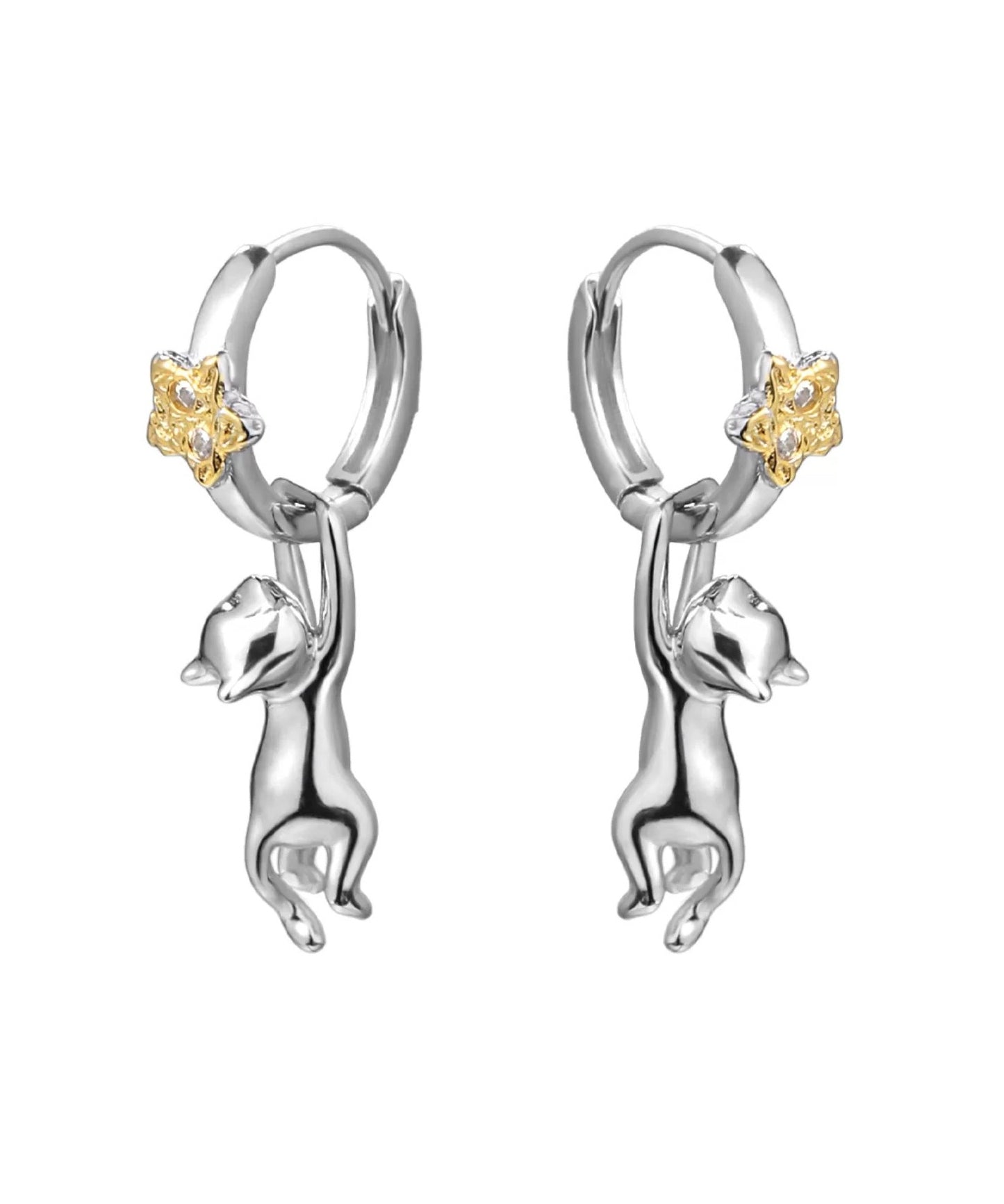 Boutique Silk Sterling Silver Zircon the Cat Picking Stars Drop Earrings