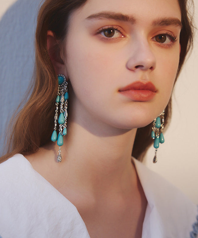 Blue Zircon Water Drop Tassels Silver Plated Drop Earrings