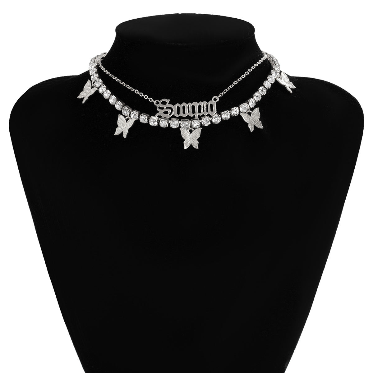 Multi-butterfly Necklace Simple Retro Letter Flash Diamond Collarbone Necklace