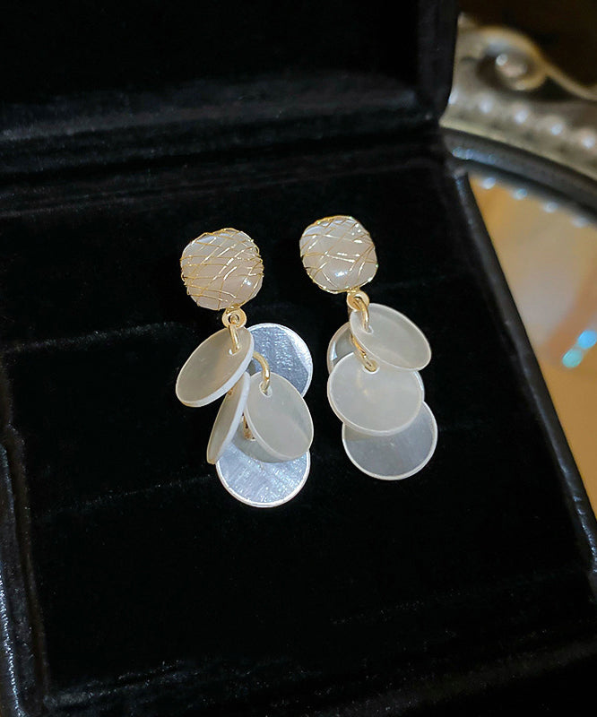 White Copper Cat's Eye Stone Shell Tassel Drop Earrings