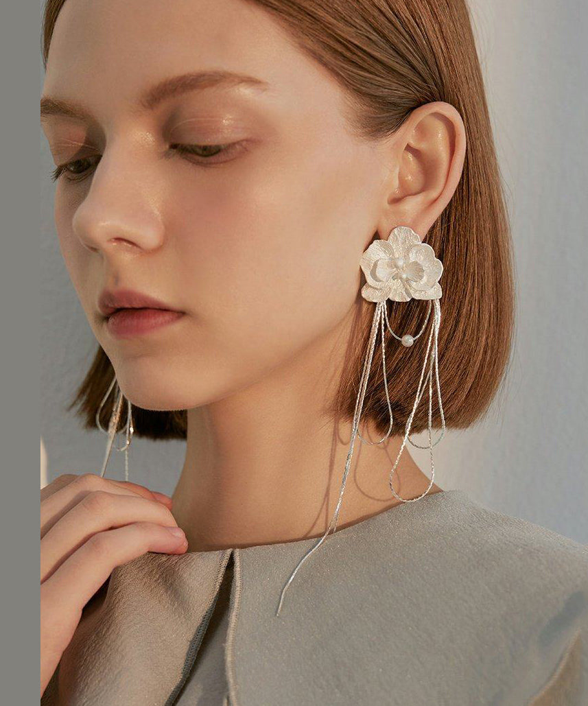 White Flower Tasseled Metal Drop Earrings