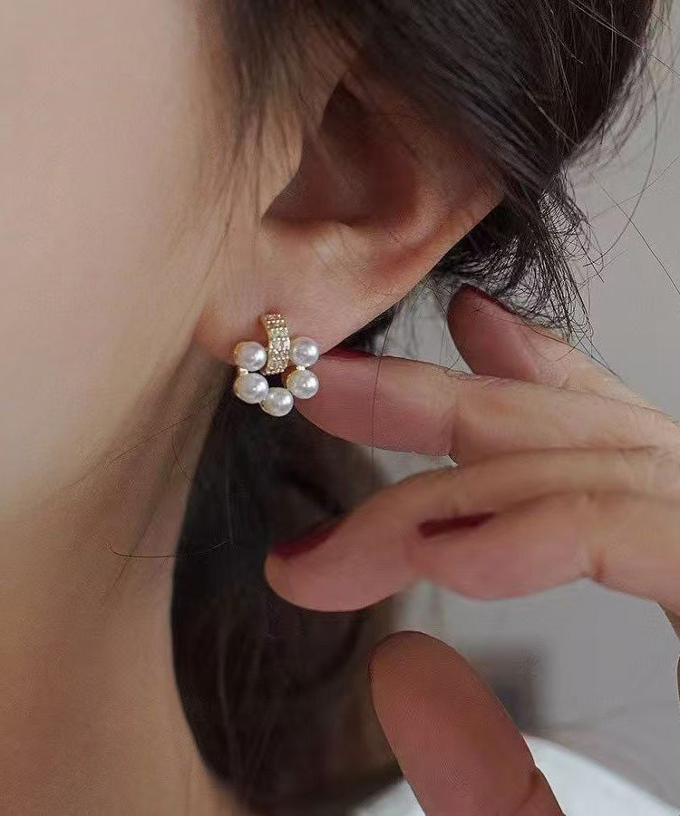 White Copper Overgild Zircon Pearl Stud Earrings