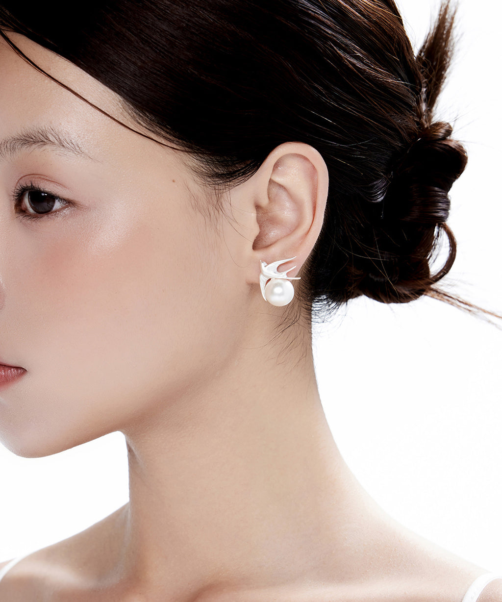 Original Design Little Bird Pearl Silver Stud Earrings