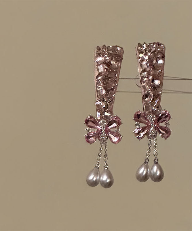 Fine Pink Alloy Butterfly Zircon Pearl Tassel a Pair Hairpin