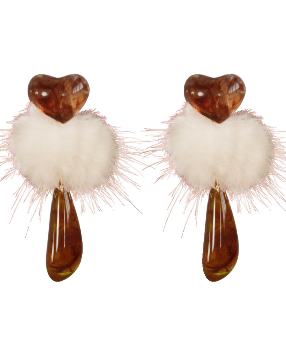 Orange Plastics Resin Fuzzy Ball Decorated Drop Earrings