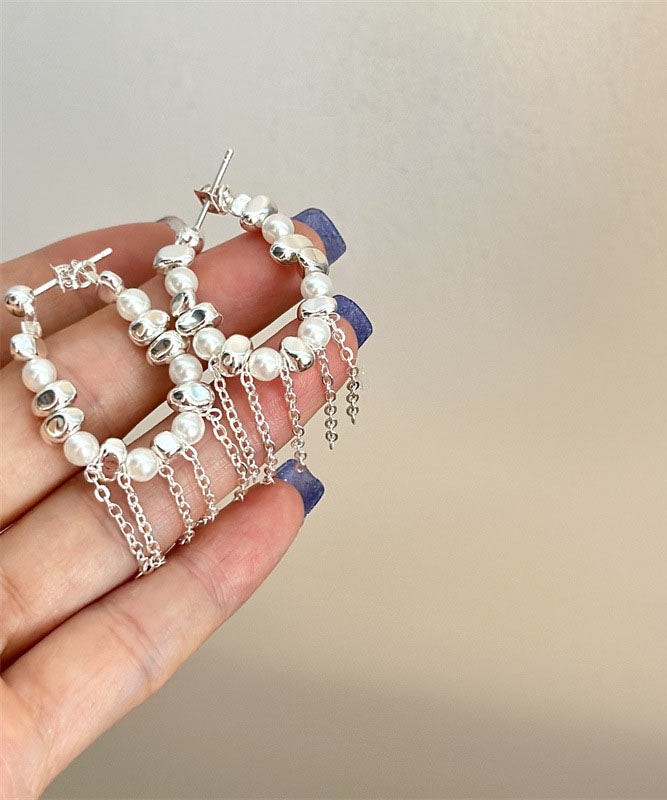 White Copper Silver Plating Pearl Tassel Drop Earrings