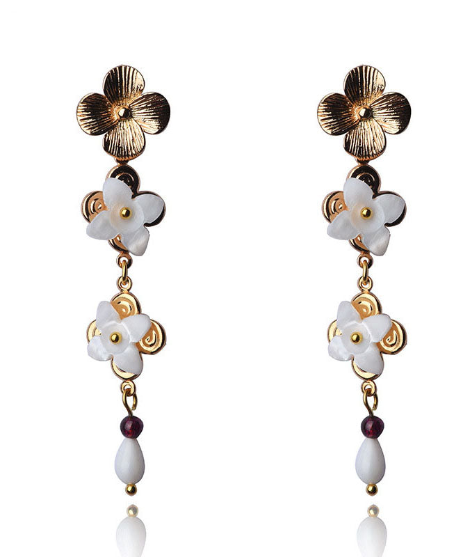 White Shell Flower 14k Gold Drop Earrings