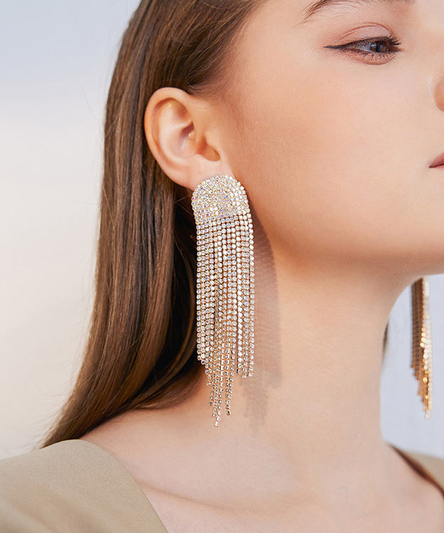 Gold Zircon Tassels Silver Drop Earrings