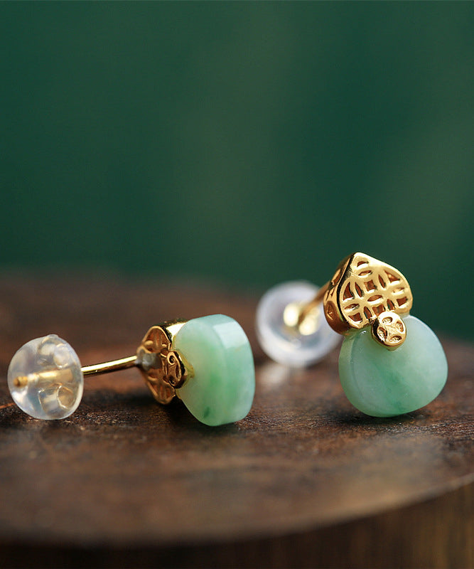 Light Green Sterling Silver Overgild Jade Stud Earrings