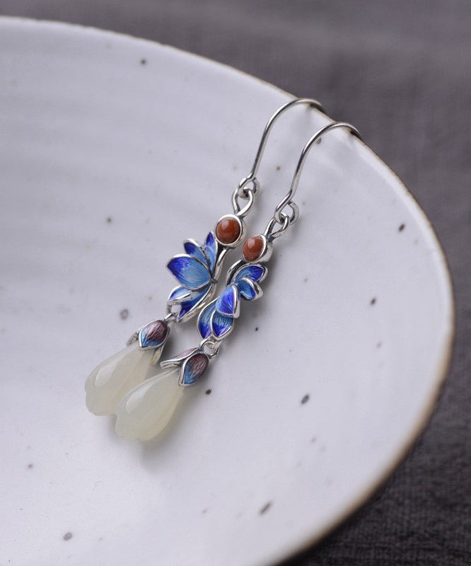 Boutique Blue Lotus Silver Jade Drop Earrings