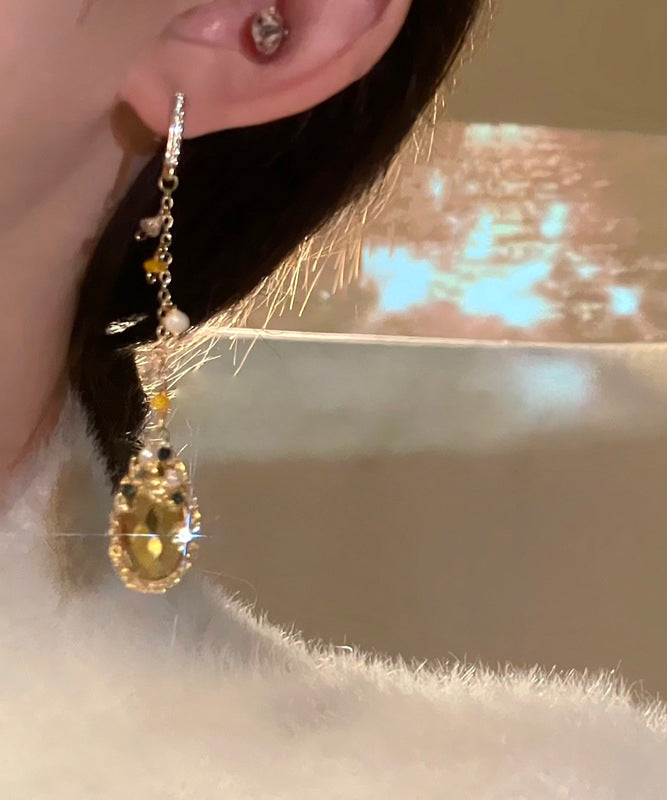 Gold Copper Overgild Zircon Crystal Pearl Tassel Water Drop Drop Earrings