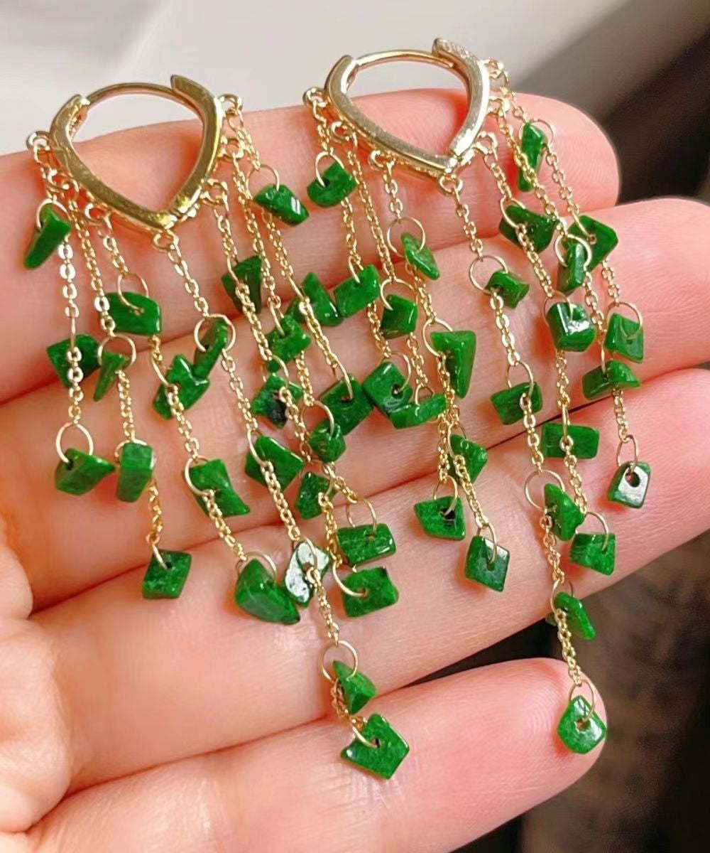 Green Sterling Silver 14k Gold Jade Tassel Drop Earrings