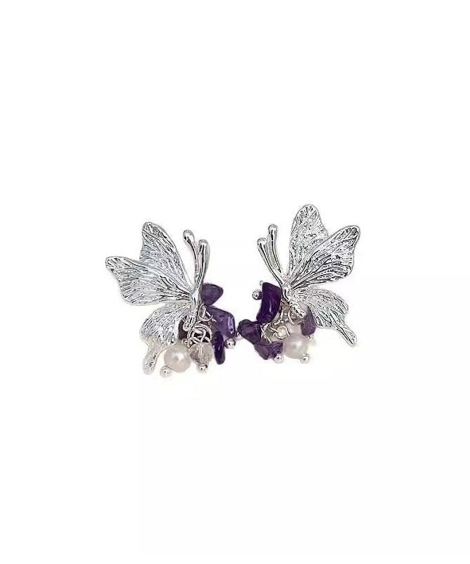 Purple Copper Alloy Zircon Butterfly Pearl Stud Earrings