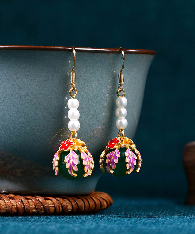 Rainbow Sterling Silver Overgild Pearl Chalcedony Hollow Out Drop Earrings Kx1086