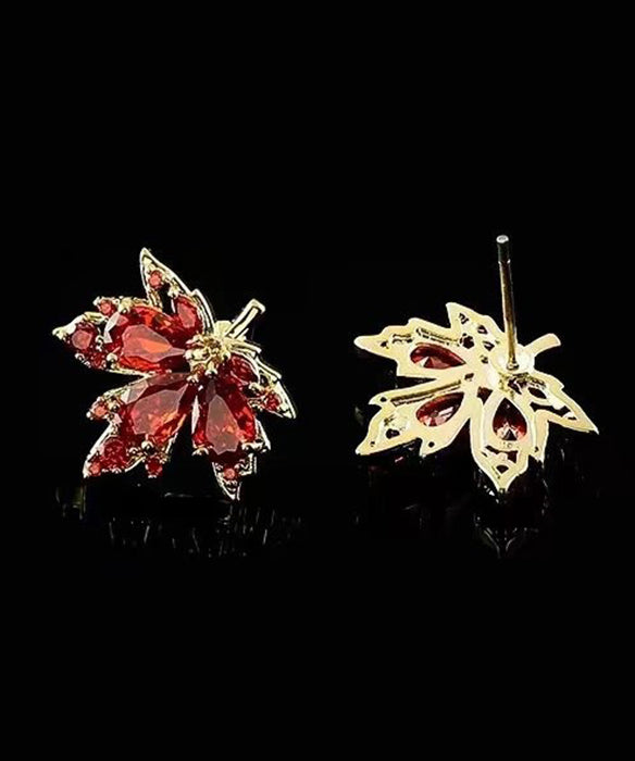 Red Leaf Crystal Gilded Stud Earrings