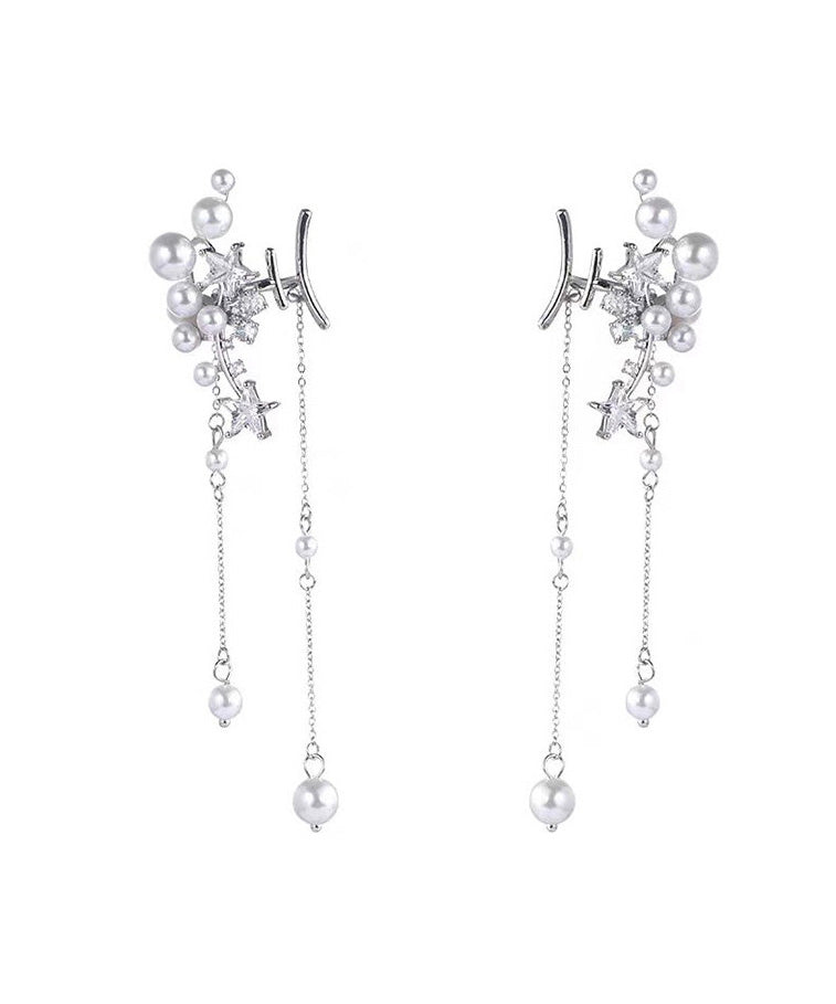 Silver Pearl Tassel Metal Long Earrings