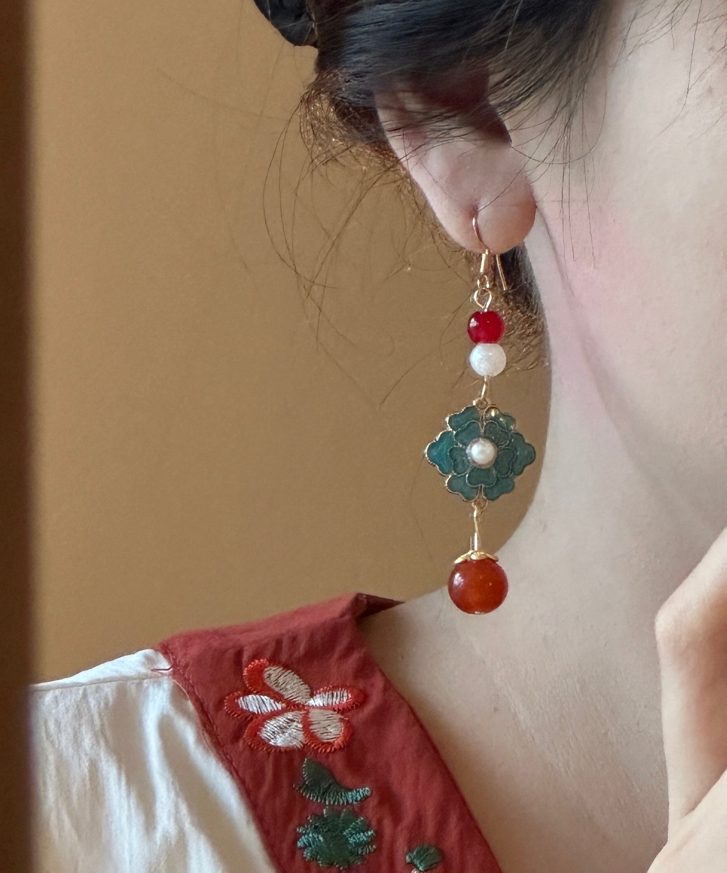 Chinese Style Rainbow Sterling Silver Overgild Enamel Pearl Drop Earrings