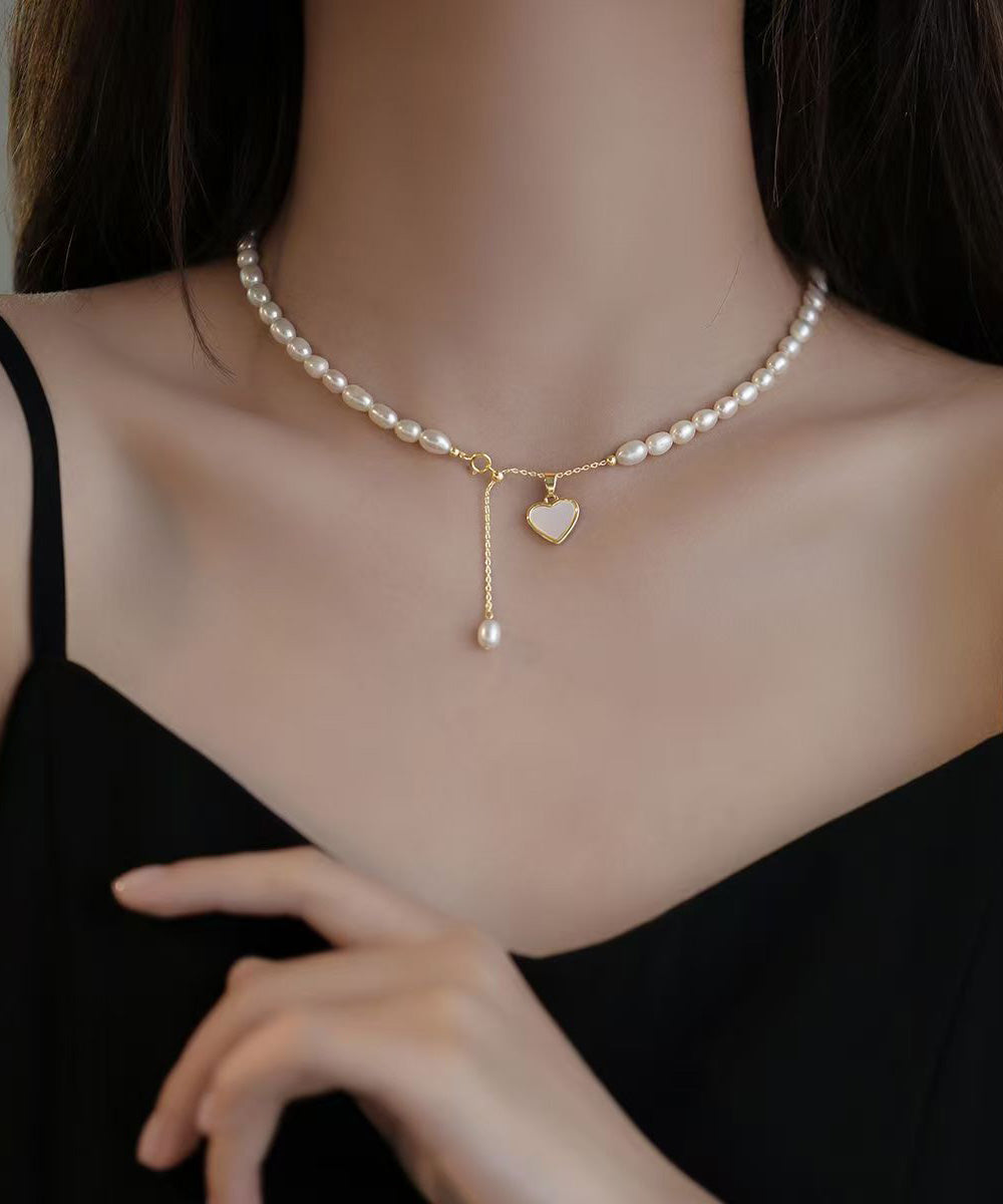 Classy Gold Sterling Silver Alloy Love Pearl Tassel Pendant Necklace Ra023