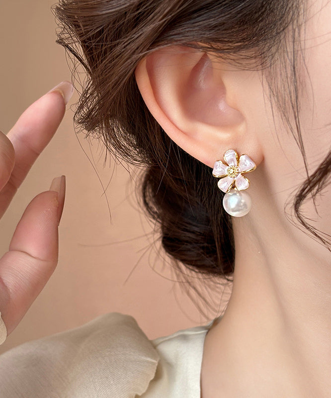 Pink Metal Alloy Pearl Drip Glaze Stud Earrings