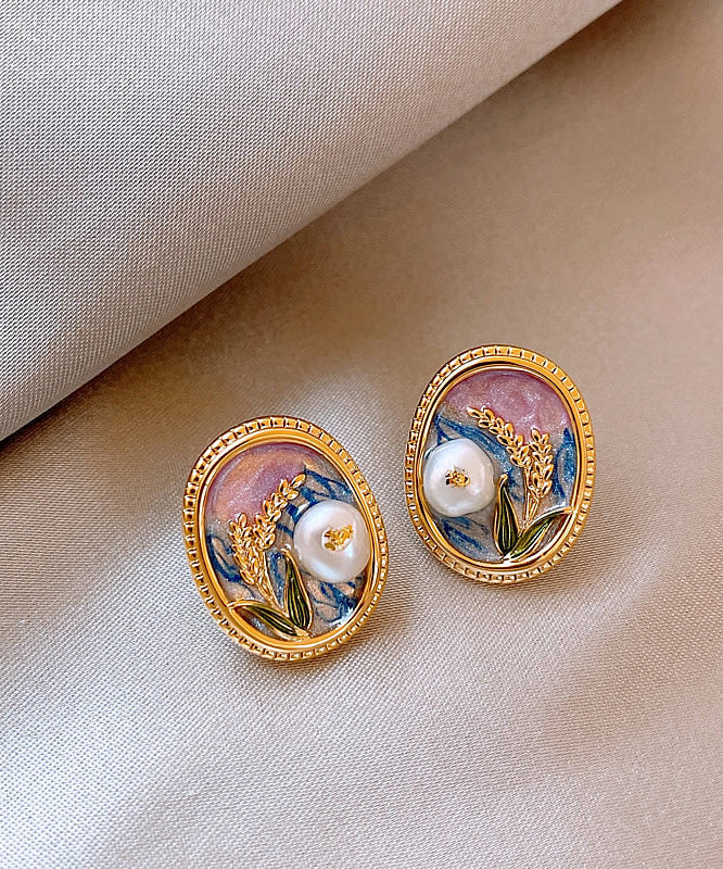 Gold Copper Alloy Pearl Enamel Stud Earrings