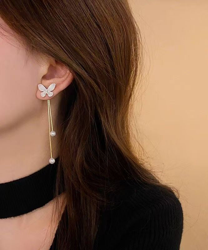 White Copper Alloy Asymmetry Butterfly Pearl Tassel Drop Earrings