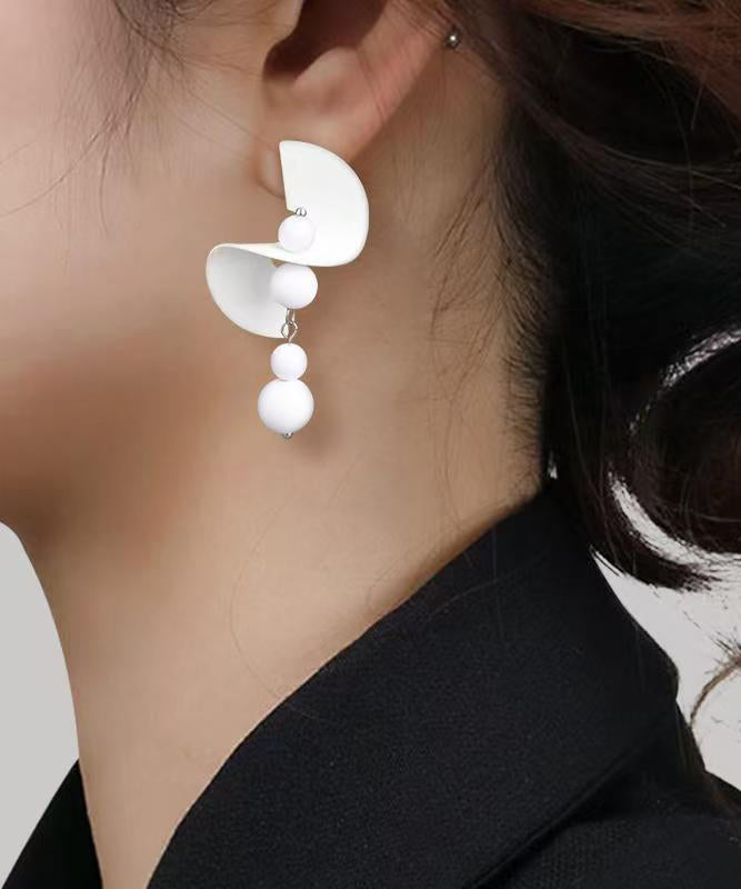 White Stelring Silver Beading Tassel Drop Earrings