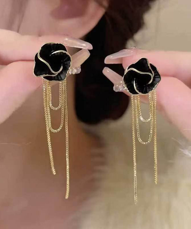 Black Sterling Silver Overgild Camellia Tassel Drop Earrings